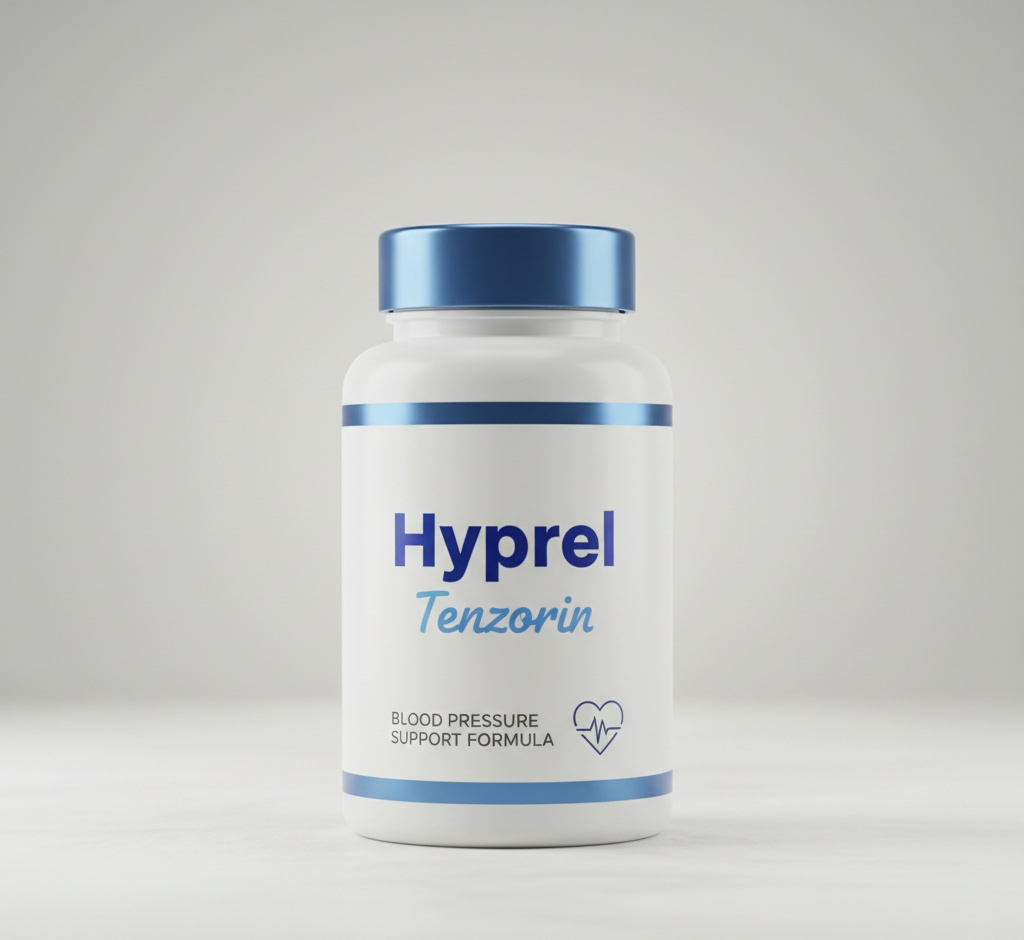 Realistický obrázek lahvičky doplňku stravy Tenzorin s elegantním designem v bílé a burgundy barvě, umístěné na mramorovém povrchu s jemnými stíny, profesionální produktová fotografie